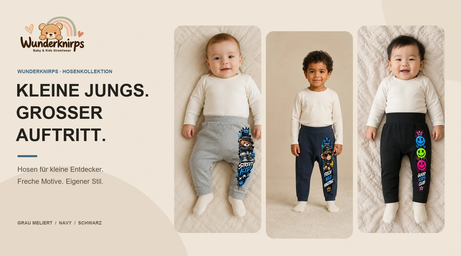 Wunderknirps Babyhosen für Jungen in Grau, Navy und Schwarz mit coolen Streetwear-Motiven