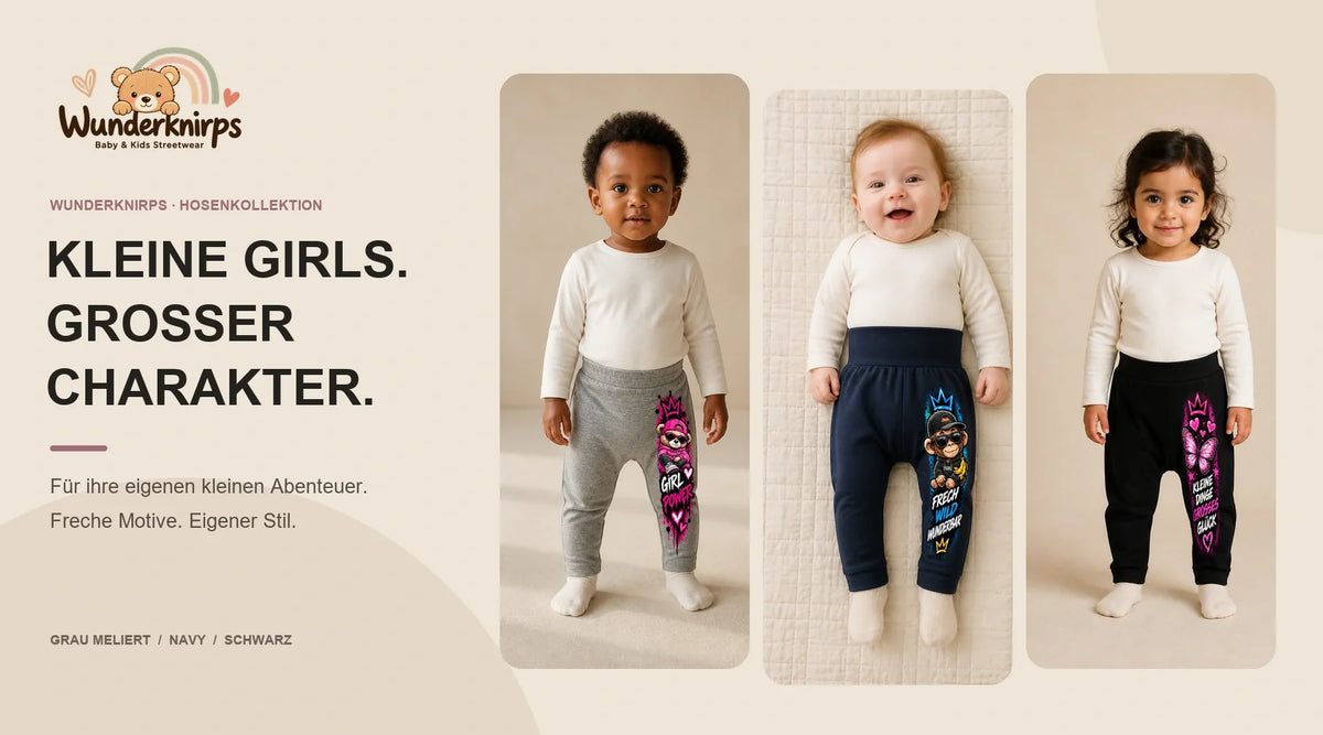Wunderknirps Babyhosen für Mädchen in Grau, Navy und Schwarz mit bunten Streetwear-Motiven