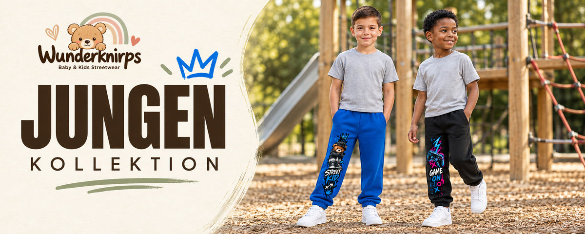 Wunderknirps Jungen Kollektion – Kinder Jogginghosen in Blau und Schwarz mit coolen Streetwear-Motiven