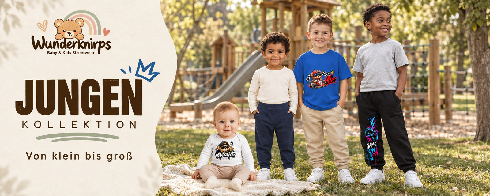 Wunderknirps Jungen Kollektion – Babybodys, Babyhosen, T-Shirts und Jogginghosen für Jungen