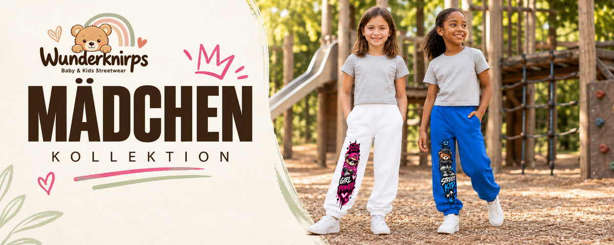 Wunderknirps Mädchen Kollektion – Kinder Jogginghosen in Weiß und Blau mit bunten Streetwear-Motiven
