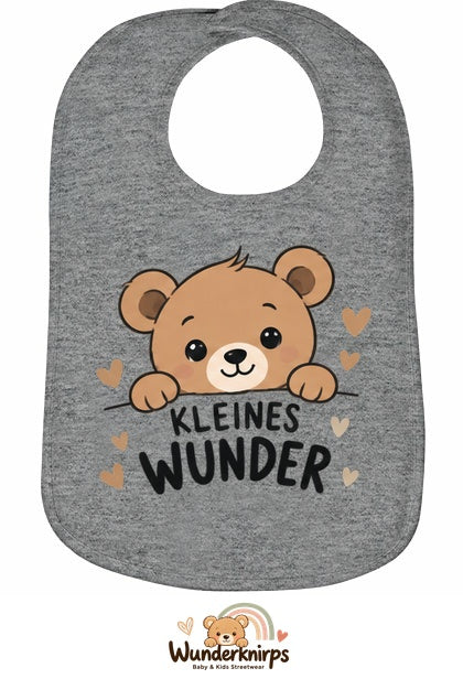 Baby-Lätzchen Olli-01 in Grau meliert mit Motiv Kleines Wunder – Bär