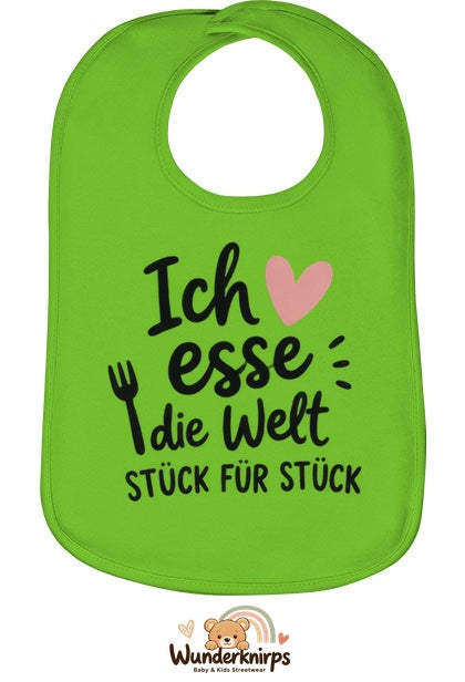 Baby-Lätzchen Olli-01 in Apfelgrün mit Motiv Ich esse die Welt