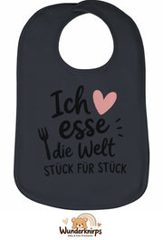 Baby-Lätzchen Olli-01 in Anthrazit mit Motiv Ich esse die Welt
