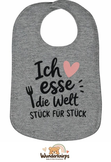 Baby-Lätzchen Olli-01 in Grau meliert mit Motiv Ich esse die Welt