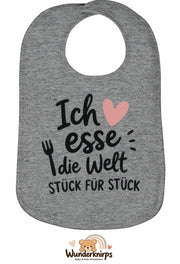 Baby-Lätzchen Olli-01 in Grau meliert mit Motiv Ich esse die Welt