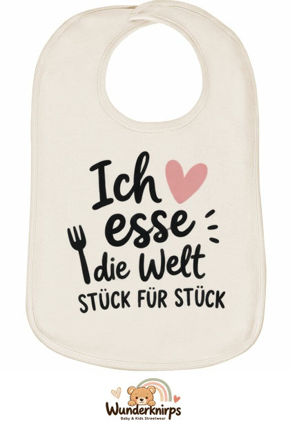 Baby-Lätzchen Olli-01 in Natur mit Motiv Ich esse die Welt