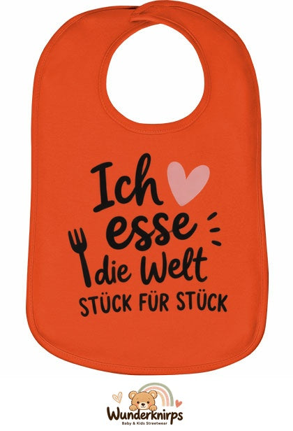 Baby-Lätzchen Olli-01 in Orange mit Motiv Ich esse die Welt