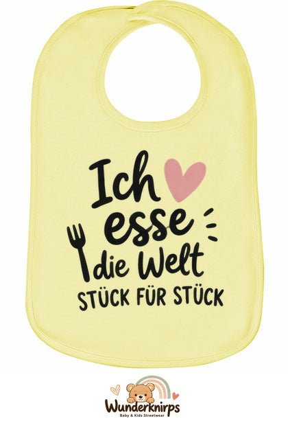 Baby-Lätzchen Olli-01 in Pastellgelb mit Motiv Ich esse die Welt