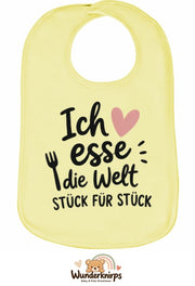 Baby-Lätzchen Olli-01 in Pastellgelb mit Motiv Ich esse die Welt