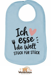 Baby-Lätzchen Olli-01 in Pastellblau mit Motiv Ich esse die Welt