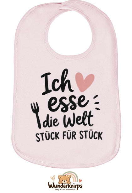 Baby-Lätzchen Olli-01 in Pastellrosa mit Motiv Ich esse die Welt
