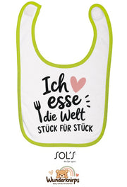 Baby-Lätzchen SOL’S Babib in Weiß / Apfelgrün mit Motiv Ich esse die Welt