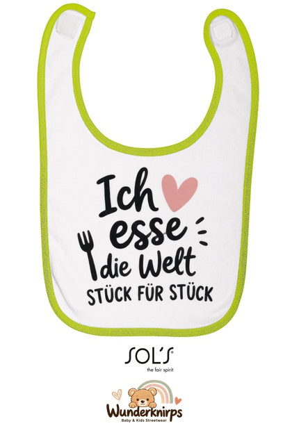 Baby-Lätzchen SOL’S Babib in Weiß / Apfelgrün mit Motiv Ich esse die Welt
