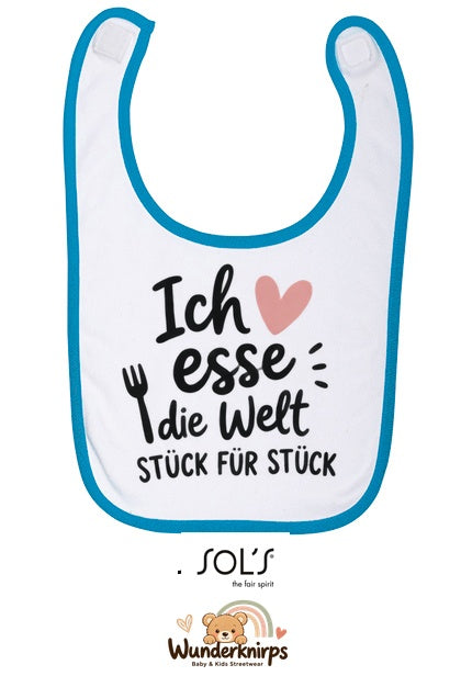 Baby-Lätzchen SOL’S Babib in Weiß / Aqua mit Motiv Ich esse die Welt