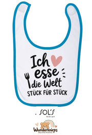 Baby-Lätzchen SOL’S Babib in Weiß / Aqua mit Motiv Ich esse die Welt