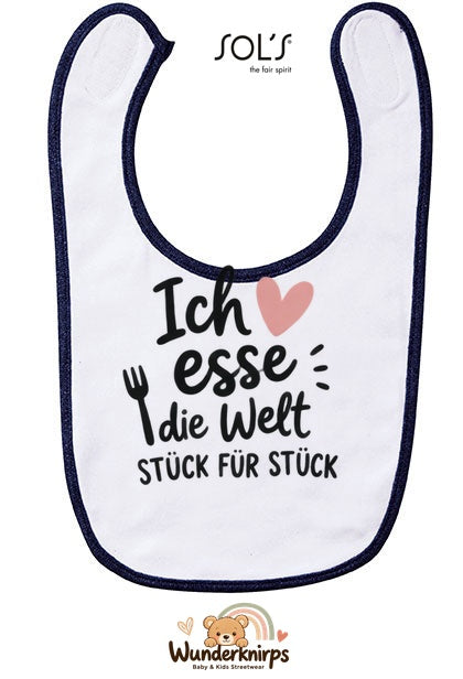 Baby-Lätzchen SOL’S Babib in Weiß / Marineblau mit Motiv Ich esse die Welt