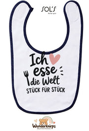 Baby-Lätzchen SOL’S Babib in Weiß / Marineblau mit Motiv Ich esse die Welt