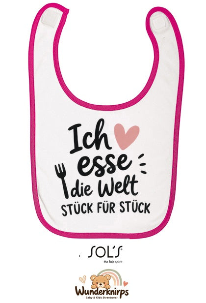 Baby-Lätzchen SOL’S Babib in Weiß / Fuchsia mit Motiv Ich esse die Welt