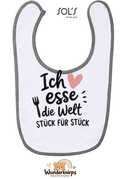 Baby-Lätzchen SOL’S Babib in Weiß / Grau meliert mit Motiv Ich esse die Welt