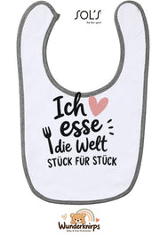 Baby-Lätzchen SOL’S Babib in Weiß / Grau meliert mit Motiv Ich esse die Welt