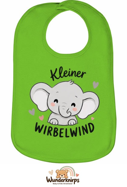 Baby-Lätzchen Olli-01 in Apfelgrün mit Motiv Kleiner Wirbelwind – Elefant