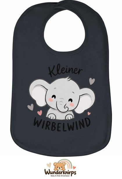 Baby-Lätzchen Olli-01 in Anthrazit mit Motiv Kleiner Wirbelwind – Elefant