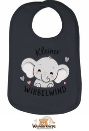 Baby-Lätzchen Olli-01 in Anthrazit mit Motiv Kleiner Wirbelwind – Elefant