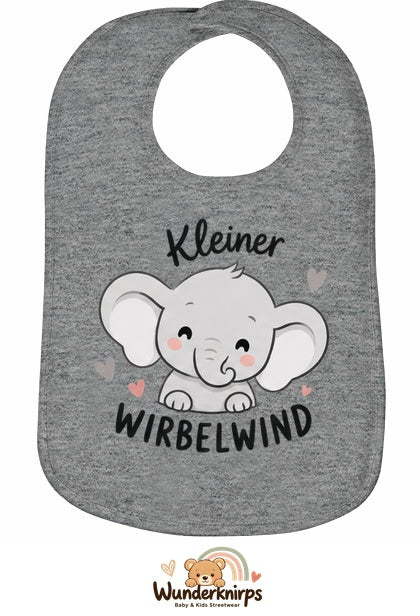 Baby-Lätzchen Olli-01 in Grau meliert mit Motiv Kleiner Wirbelwind – Elefant