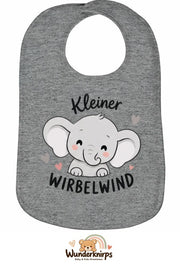 Baby-Lätzchen Olli-01 in Grau meliert mit Motiv Kleiner Wirbelwind – Elefant