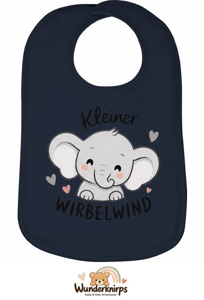 Baby-Lätzchen Olli-01 in Marineblau mit Motiv Kleiner Wirbelwind – Elefant
