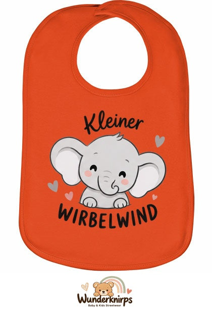 Baby-Lätzchen Olli-01 in Orange mit Motiv Kleiner Wirbelwind – Elefant
