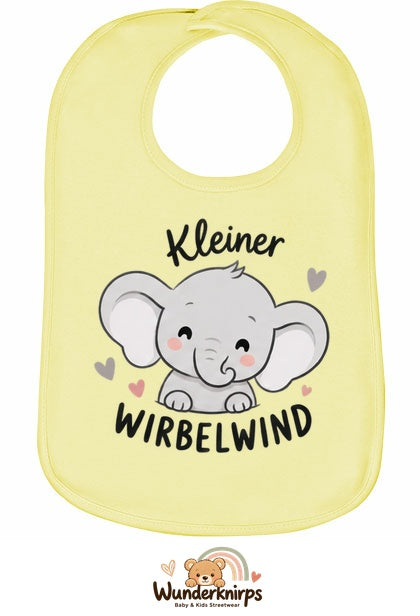 Baby-Lätzchen Olli-01 in Pastellgelb mit Motiv Kleiner Wirbelwind – Elefant