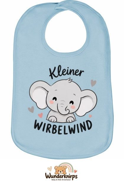 Baby-Lätzchen Olli-01 in Pastellblau mit Motiv Kleiner Wirbelwind – Elefant