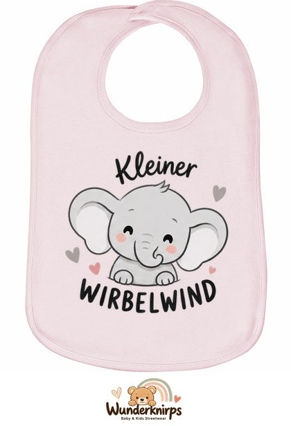Baby-Lätzchen Olli-01 in Pastellrosa mit Motiv Kleiner Wirbelwind – Elefant
