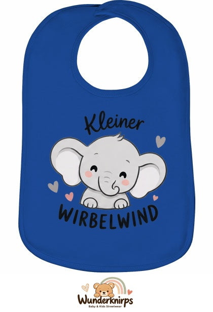 Baby-Lätzchen Olli-01 in Royalblau mit Motiv Kleiner Wirbelwind – Elefant