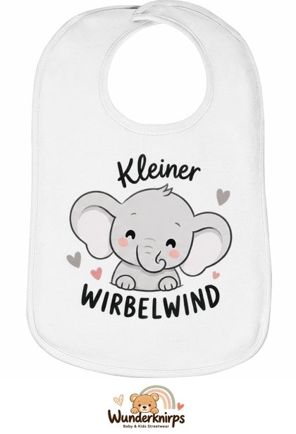 Baby-Lätzchen Olli-01 in Weiß mit Motiv Kleiner Wirbelwind – Elefant