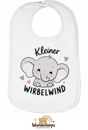 Baby-Lätzchen Olli-01 in Weiß mit Motiv Kleiner Wirbelwind – Elefant