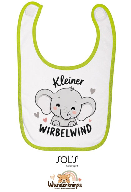 Baby-Lätzchen SOL’S Babib in Weiß / Apfelgrün mit Motiv Kleiner Wirbelwind – Elefant