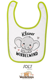 Baby-Lätzchen SOL’S Babib in Weiß / Apfelgrün mit Motiv Kleiner Wirbelwind – Elefant