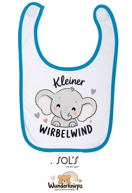 Baby-Lätzchen SOL’S Babib in Weiß / Aqua mit Motiv Kleiner Wirbelwind – Elefant