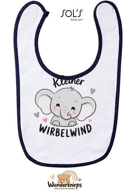 Baby-Lätzchen SOL’S Babib in Weiß / Marineblau mit Motiv Kleiner Wirbelwind – Elefant