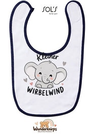 Baby-Lätzchen SOL’S Babib in Weiß / Marineblau mit Motiv Kleiner Wirbelwind – Elefant