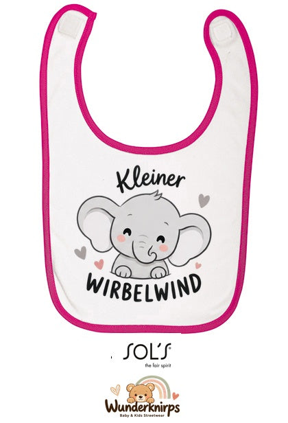 Baby-Lätzchen SOL’S Babib in Weiß / Fuchsia mit Motiv Kleiner Wirbelwind – Elefant