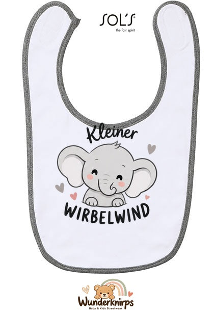 Baby-Lätzchen SOL’S Babib in Weiß / Grau meliert mit Motiv Kleiner Wirbelwind – Elefant