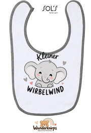 Baby-Lätzchen SOL’S Babib in Weiß / Grau meliert mit Motiv Kleiner Wirbelwind – Elefant