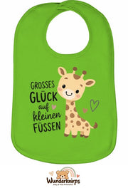 Baby-Lätzchen Olli-01 in Apfelgrün mit Motiv Großes Glück – Giraffe