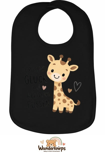 Baby-Lätzchen Olli-01 in Schwarz mit Motiv Großes Glück – Giraffe