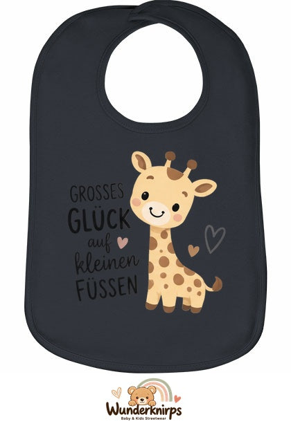 Baby-Lätzchen Olli-01 in Anthrazit mit Motiv Großes Glück – Giraffe