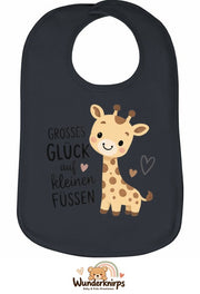 Baby-Lätzchen Olli-01 in Anthrazit mit Motiv Großes Glück – Giraffe